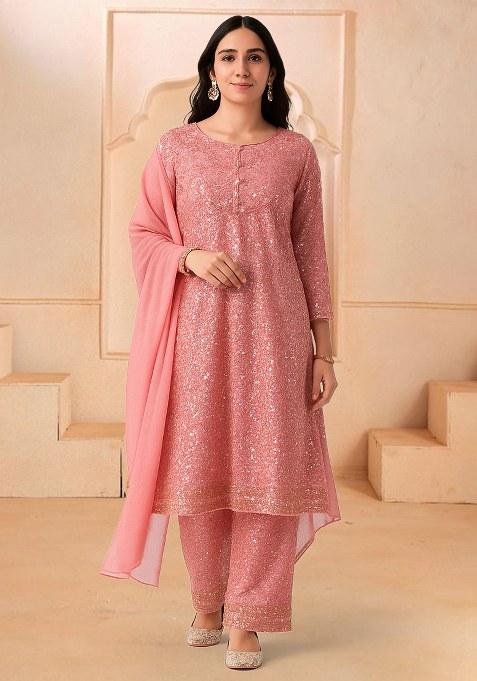 Pink Sequin Net Anarkali Set