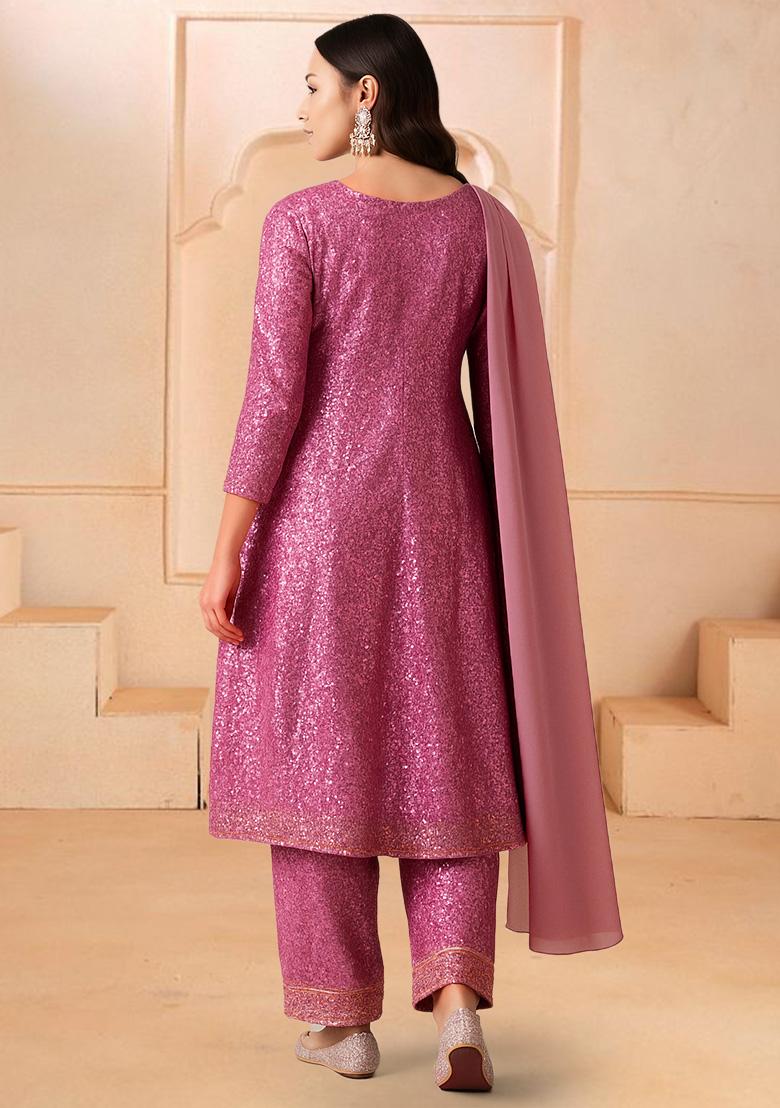 Purple Sequin Net Anarkali Set - Indya