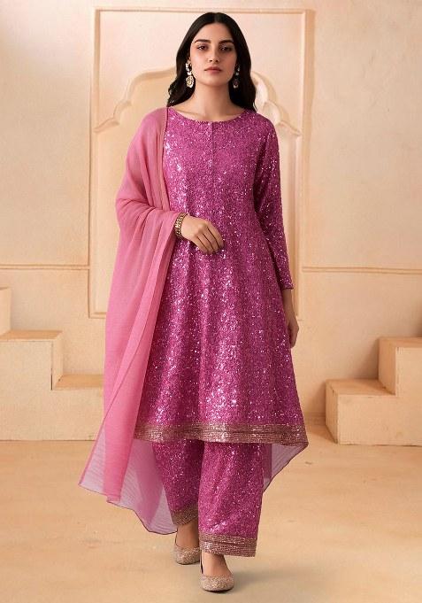 Purple Sequin Net Anarkali Set