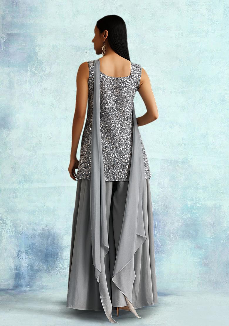 Silver Sequin Net Sharara Set - Indya