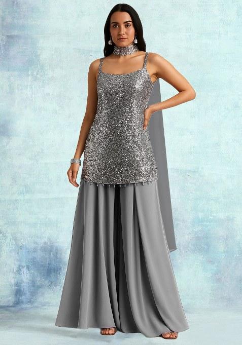 Silver Sequin Net Sharara Set