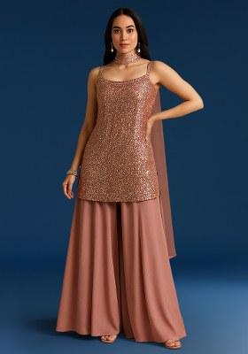 Peach Sequin Net Sharara Set