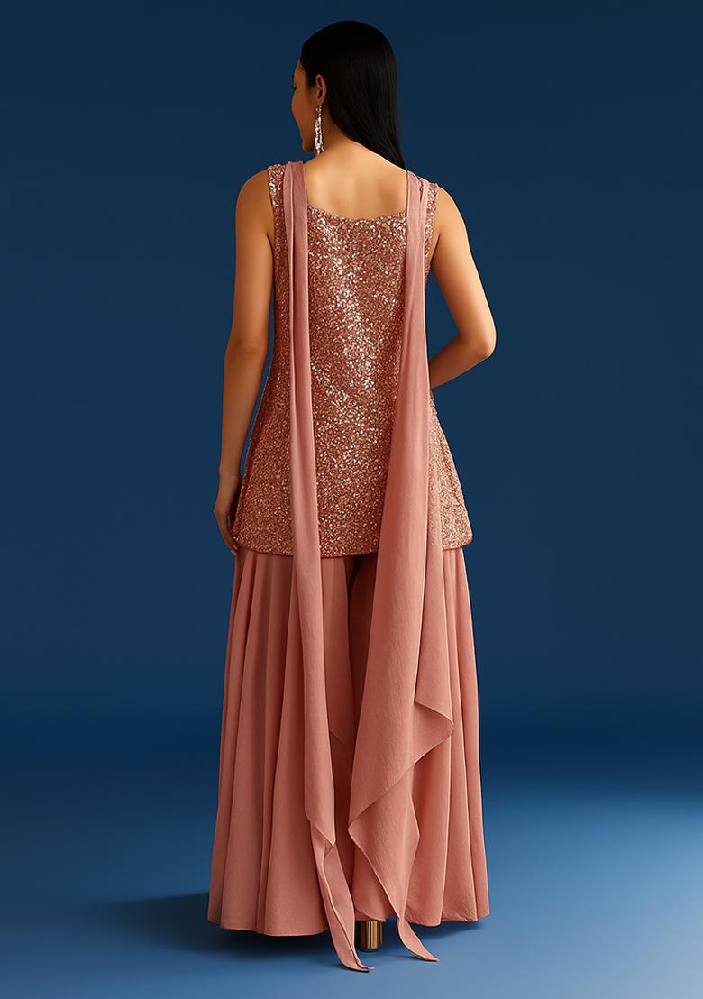 Peach Sequin Net Sharara Set - Indya