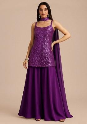 Purple Sequin Net Sharara Set
