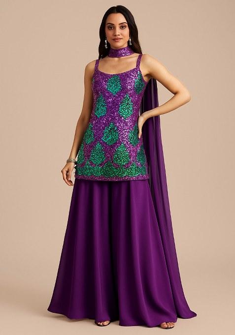 Purple Sequin Net Sharara Set