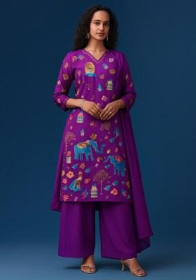 Purple Figure Print Crepe Kurta Set