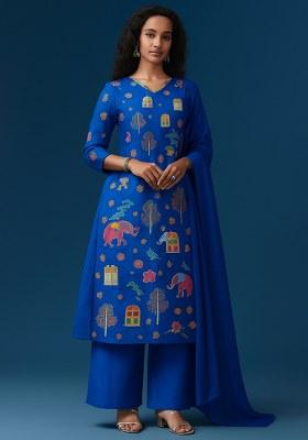 Blue Figure Print Crepe Kurta Set