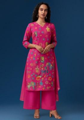 Pink Figure Print Crepe Kurta Set