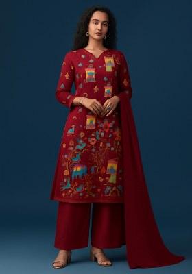 Maroon Figure Print Crepe Kurta Set