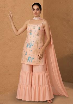 Pink Figure Print Crepe Sharara Set