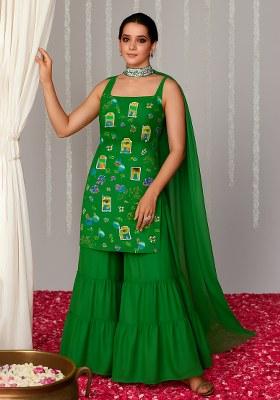 Green Figure Print Crepe Sharara Set