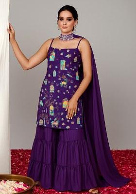 Purple Figure Print Crepe Sharara Set