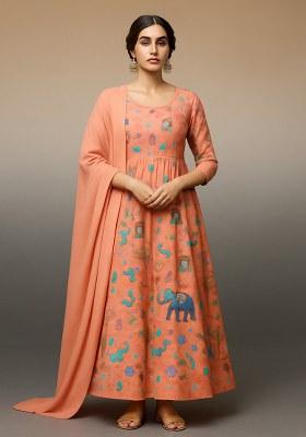 Pink Figure Print Crepe Anarkali Set