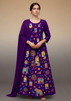 Purple Figure Print Crepe Anarkali Set
