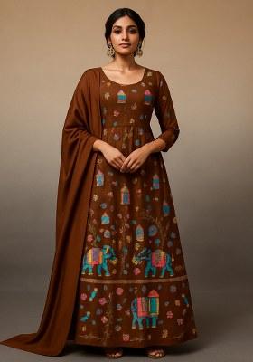Brown Figure Print Crepe Anarkali Set