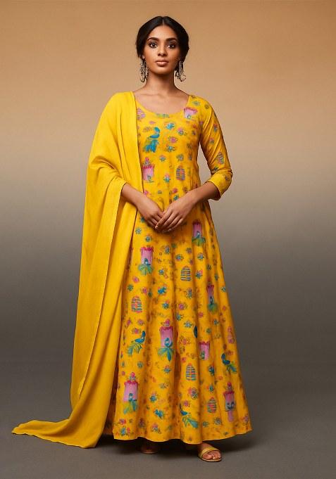 Yellow Figure Print Crepe Anarkali Set