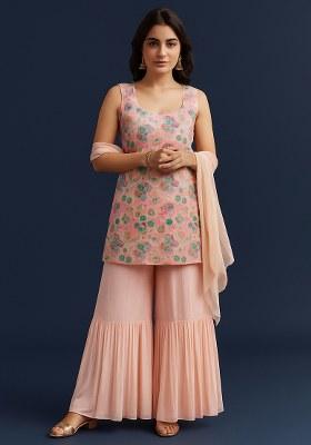Pink Floral Print Chinon Sharara Set
