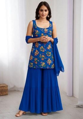 Dark Blue Floral Print Chinon Sharara Set