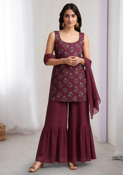 Brown Floral Print Chinon Sharara Set