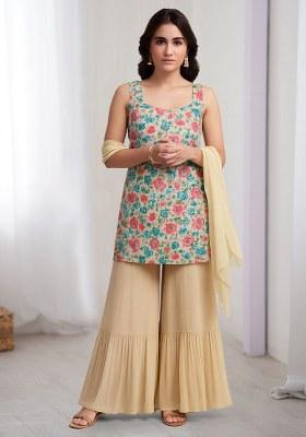 Off White Floral Print Silk Sharara Set