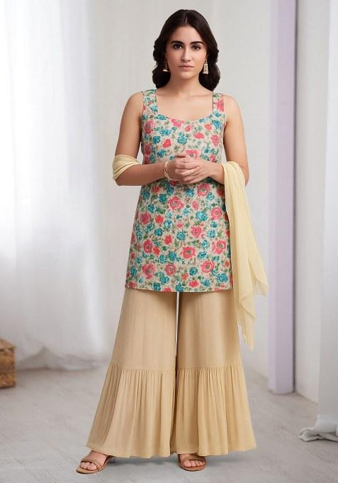 Off White Floral Print Silk Sharara Set