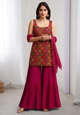 Pink Figure Print Silk Sharara Set