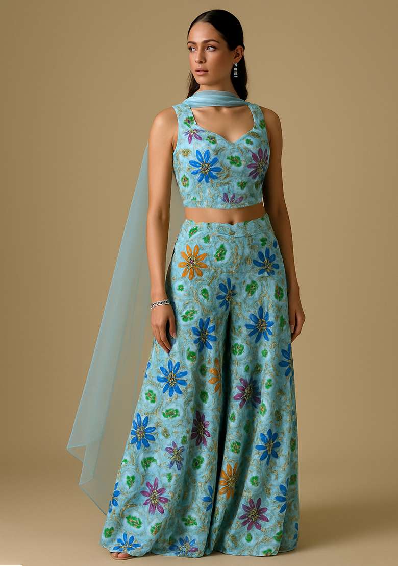 Blue Embroidered Poly Blend Fusion Set - Indya
