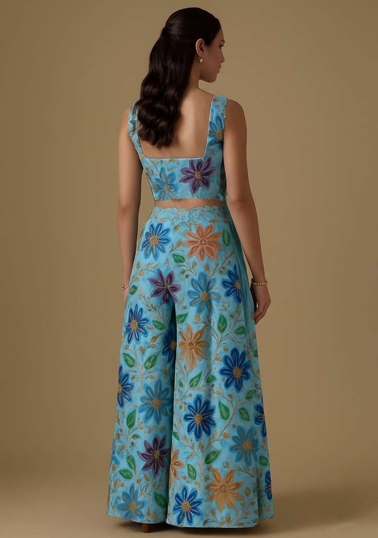 Blue Embroidered Poly Blend Fusion Set - Indya