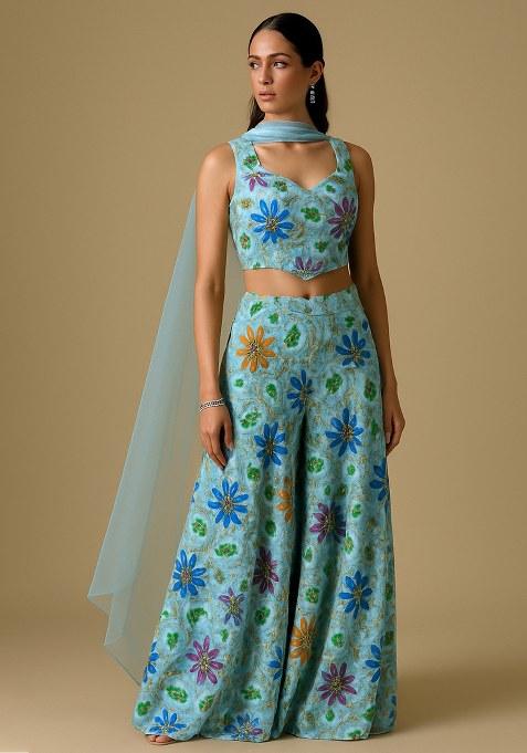 Blue Embroidered Poly Blend Fusion Set
