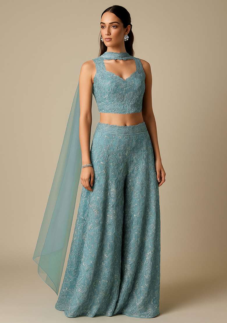 Blue Embroidered Net Fusion Set - Indya