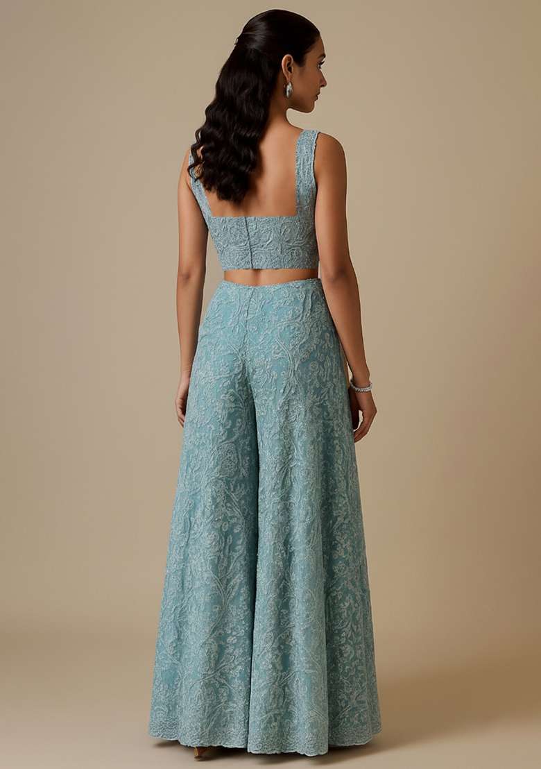 Blue Embroidered Net Fusion Set - Indya