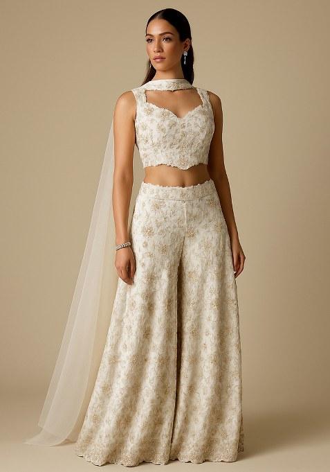 White Embroidered Crepe Fusion Set