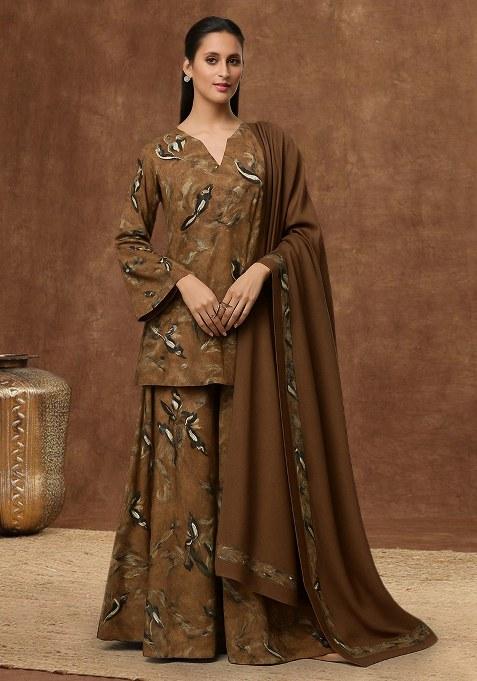 Brown Figure Print Poly Blend Sharara Set