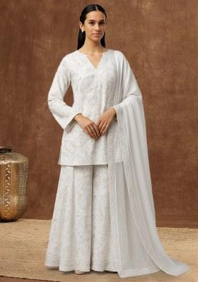 White Embroidered Net Sharara Set