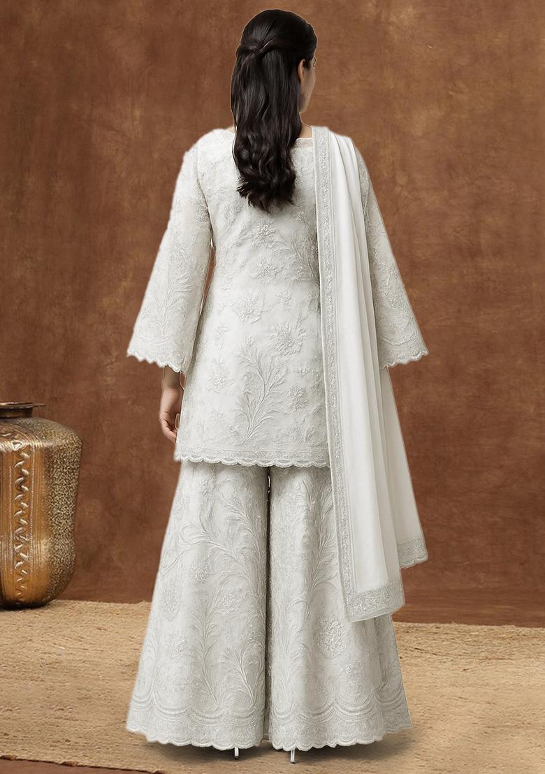 White Embroidered Net Sharara Set - Indya