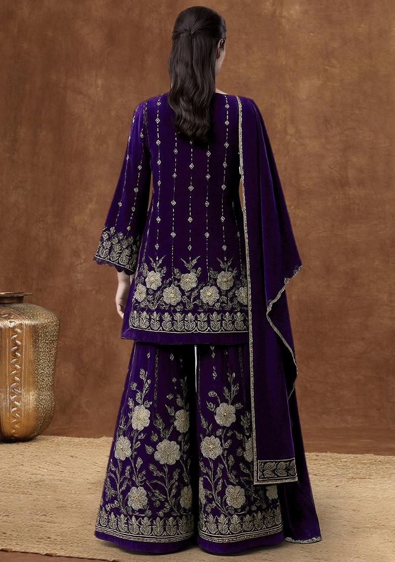 Purple Embroidered Crepe Sharara Set - Indya