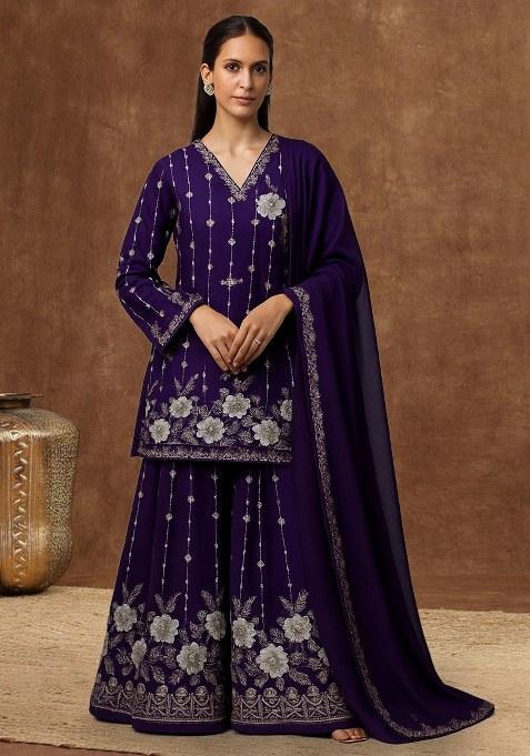Purple Embroidered Crepe Sharara Set