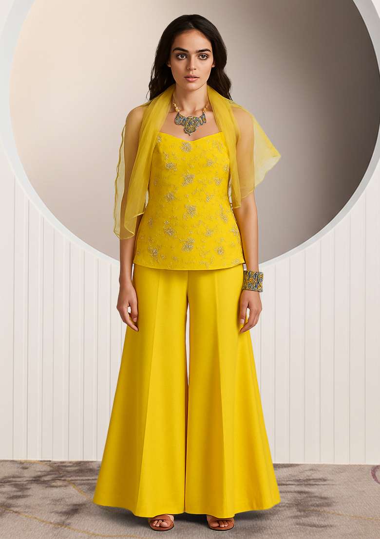 Yellow Embroidered Poly Blend Fusion Set - Indya