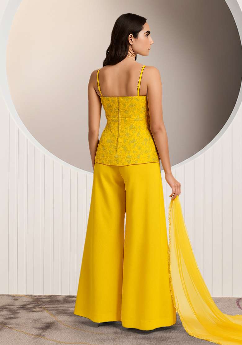 Yellow Embroidered Poly Blend Fusion Set - Indya
