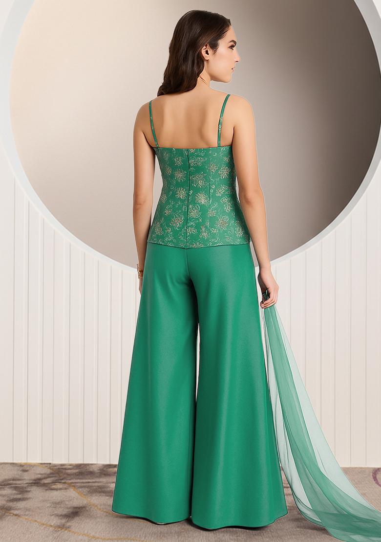 Blue Embroidered Crepe Fusion Set - Indya