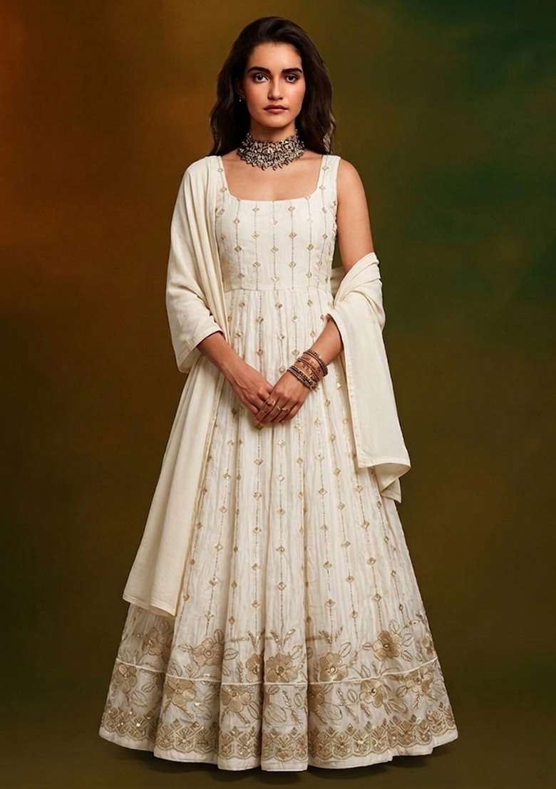 White Embroidered Crepe Anarkali Set - Indya