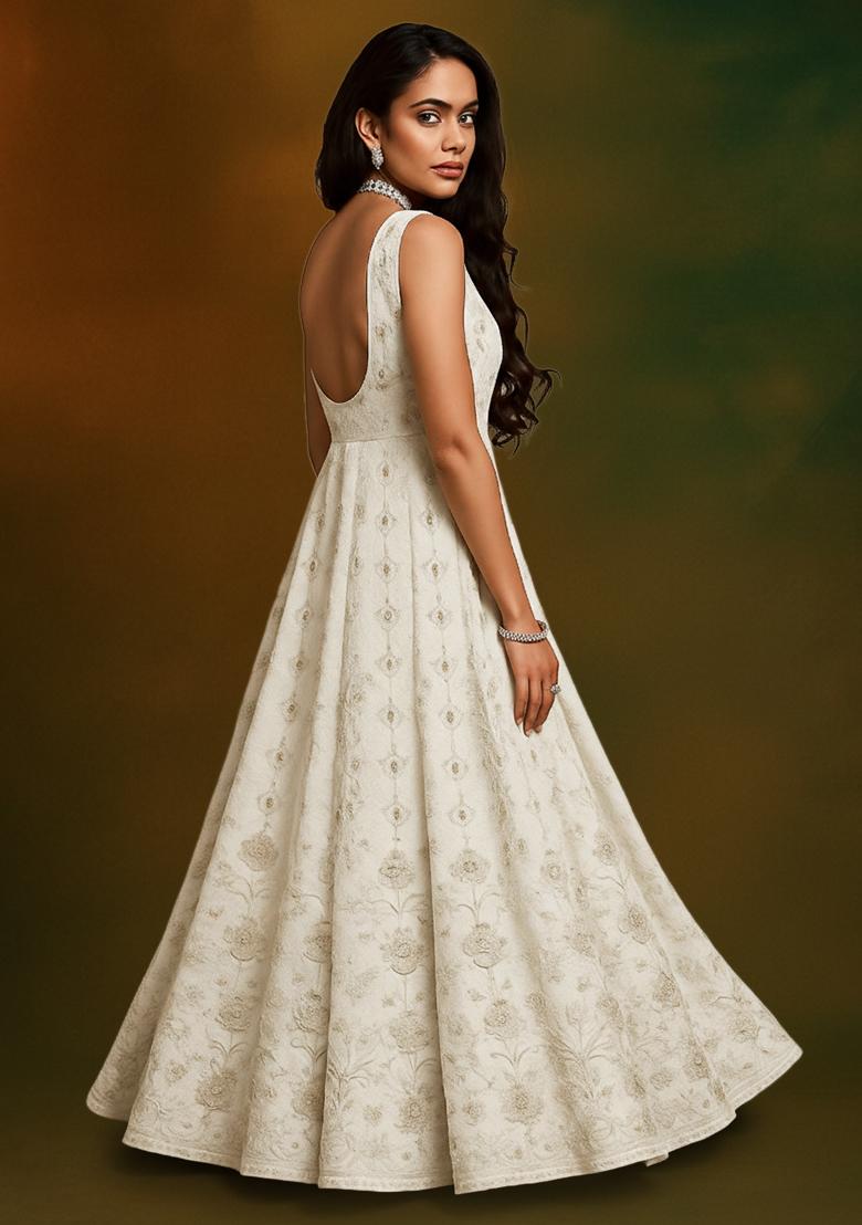 White Embroidered Crepe Anarkali Set - Indya
