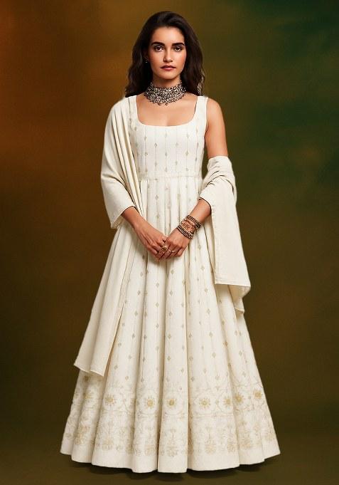 White Embroidered Crepe Anarkali Set