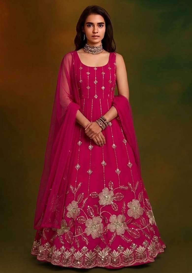 Pink Embroidered Crepe Anarkali Set - Indya