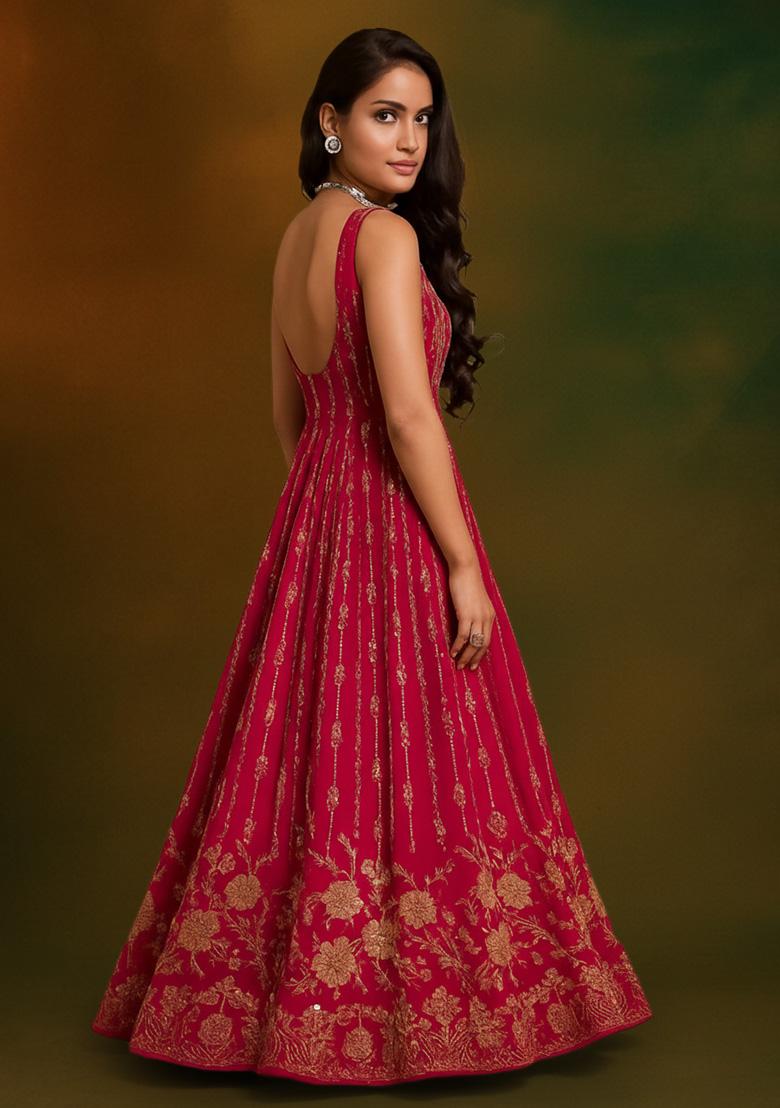 Pink Embroidered Crepe Anarkali Set - Indya