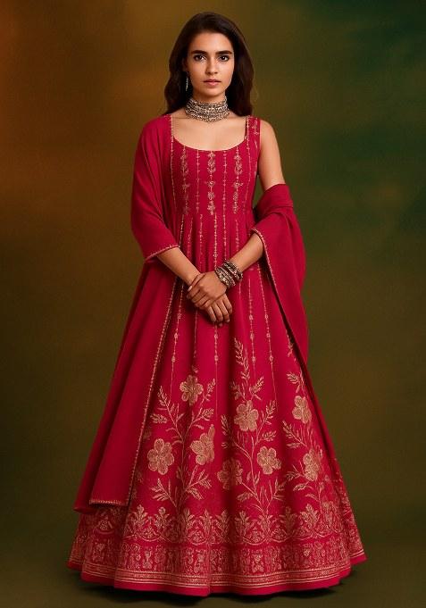 Pink Embroidered Crepe Anarkali Set