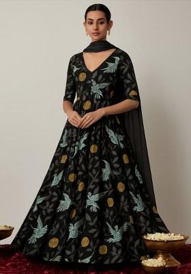 Black Figure Print Poly Blend Anarkali Set