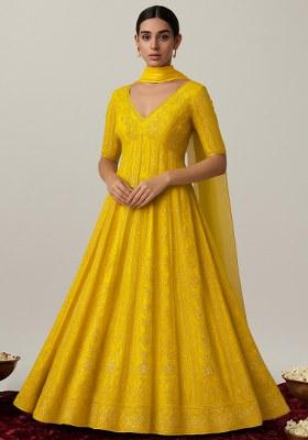 Yellow Embroidered Crepe Anarkali Set