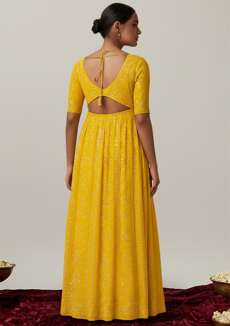 Yellow Embroidered Crepe Anarkali Set - Indya