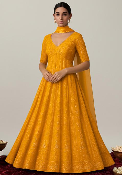 Yellow Embroidered Crepe Anarkali Set